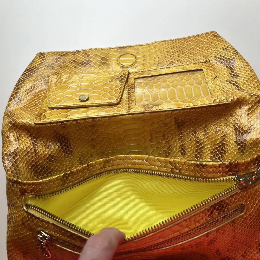 ABAS Snakeskin Embossed Yellow Brown Bag Clutch Purse